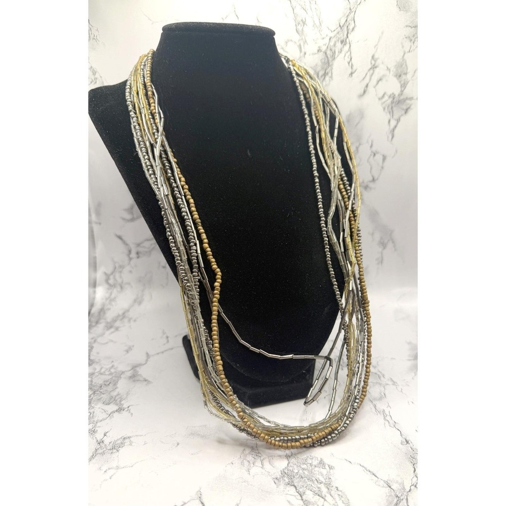 Multi Strand Beaded Necklace 10 Strand Gold Silver Mixed Metal 22-25"